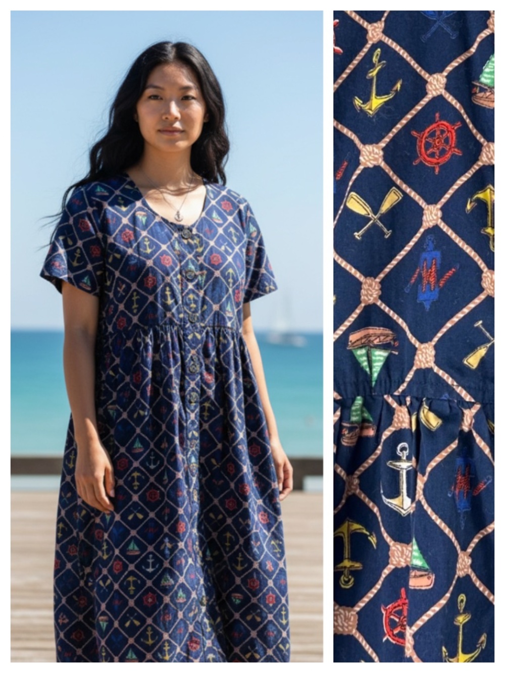 Go Softly Midi House Dress Mumu Sz Small Coastal Nautical Blue Sailboat